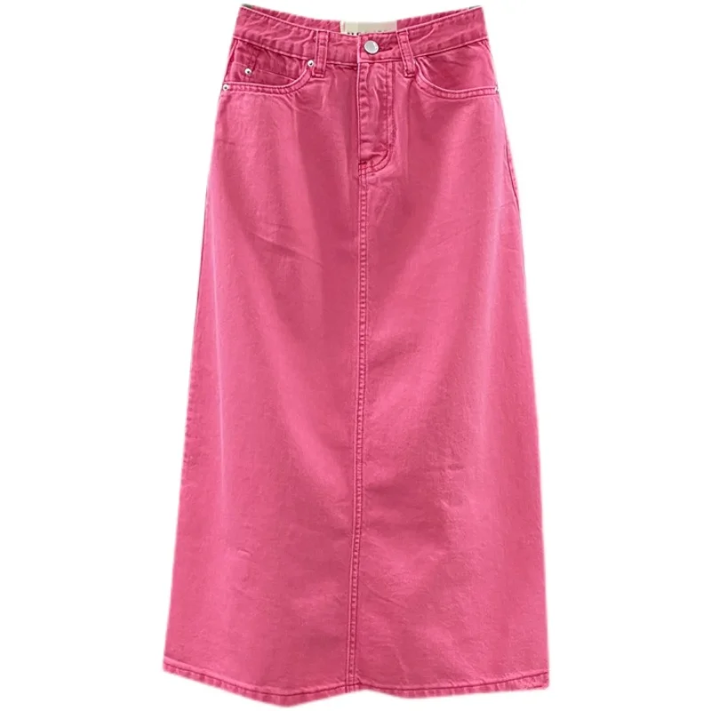 S-2XL Women Pink Denim Skirts High Waist A-Line Solid Casual Outfits Female Summer Versatile Jean Skirt