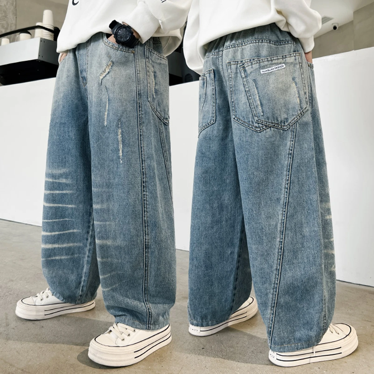 Boys' Denim Pants Spring Autumn Loose Wide Leg Jeans Casual Korean Style Polyester Fiber Long Trousers for Children