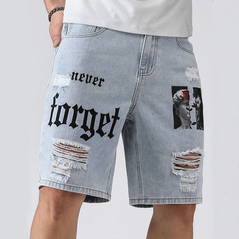 Shorts jeans elásticos para homens, jeans rasgados na altura do joelho, calças largas, calças confortáveis, streetwear casual, letras, verão