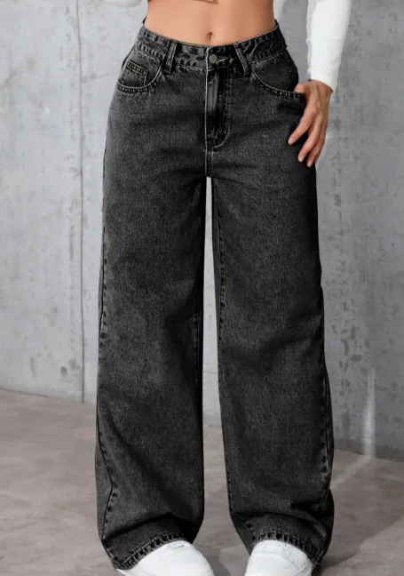 Trendy Washed High-Waisted Straight-Leg Jeans Women with Large Front & Back Pockets for Daily Casual Versatile Lady Jeans ‌