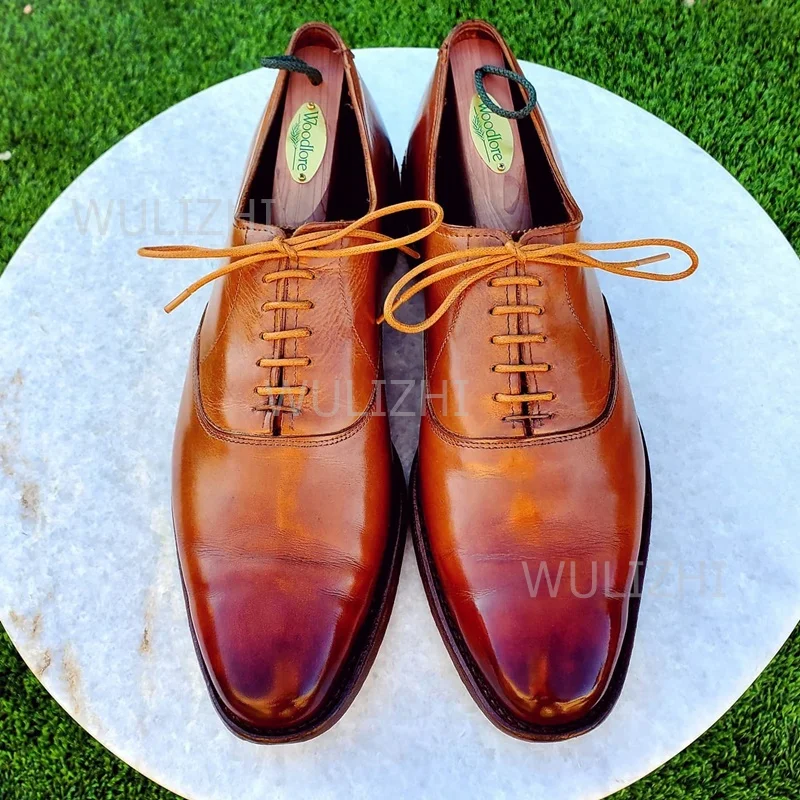 Caramel Brown Vintage Polished Lace Loafers Men Dark Gradient Flats Oxfords Summer Sporty Patchwork Lace-Up Luxury Wedding Shoes