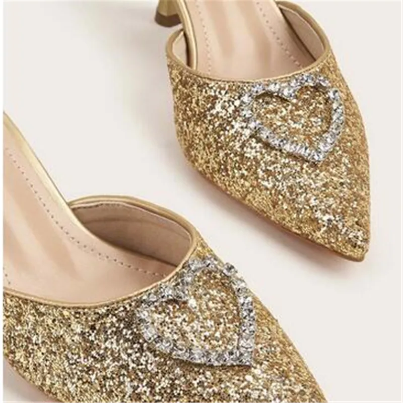 2023 New Shallow Mouth High-heeled Women's Shoes Love Rhinestone Shining Thin Heel Slippers Pointed Women's Single Shoes