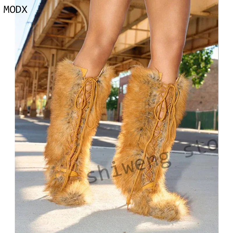 2026 Hollow Straps Lace Up Boots Women Sexy Shoes Pointed Toe Fur Warm Knee High Boots Buckles Solid Stiletto Heels New Style