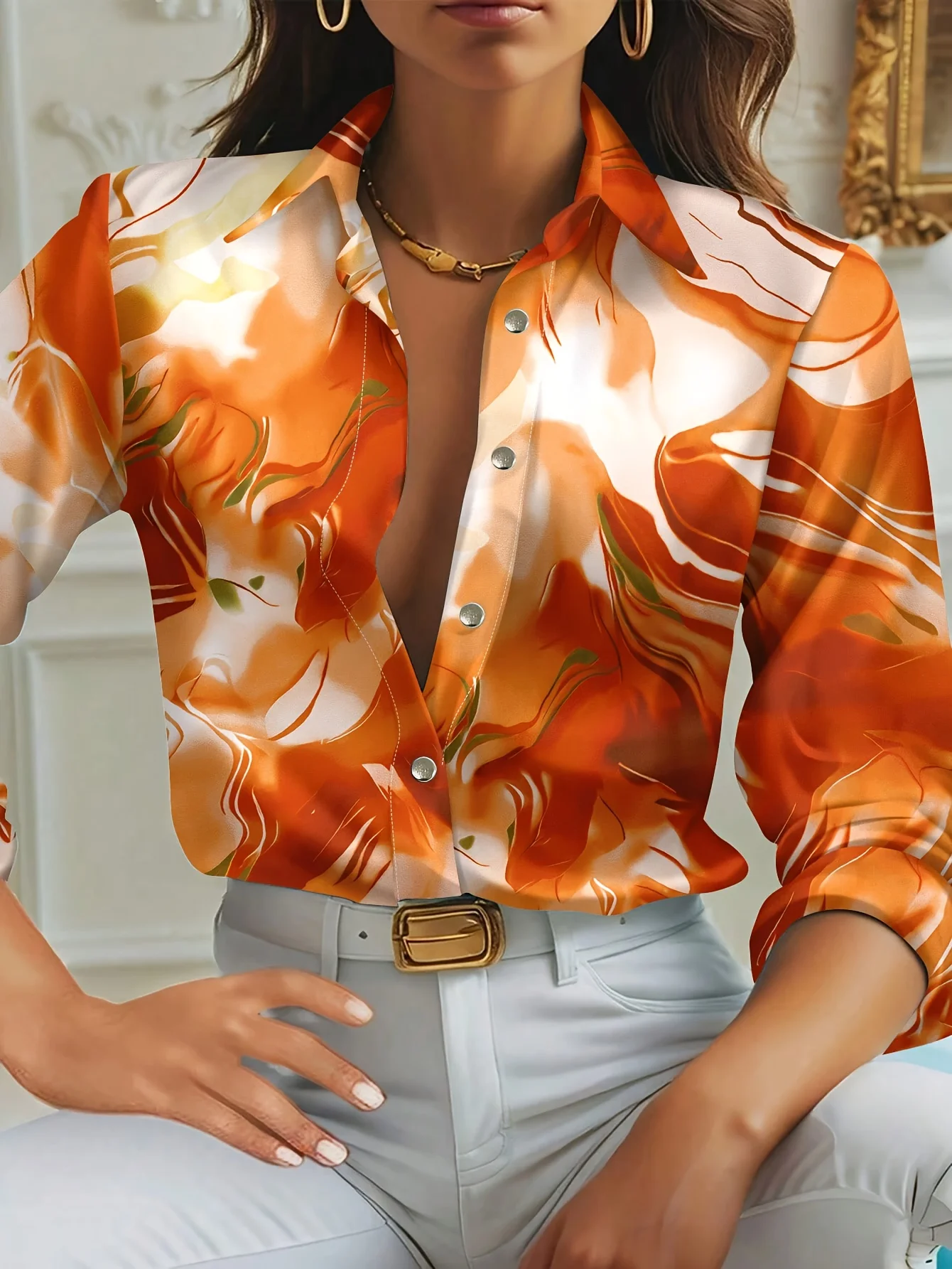 

Женская рубашка с длинными рукавами из полиэстера с 3D мраморным узором. Весенне-осенняя универсальная и модная повседневная рубашка с лацканами.