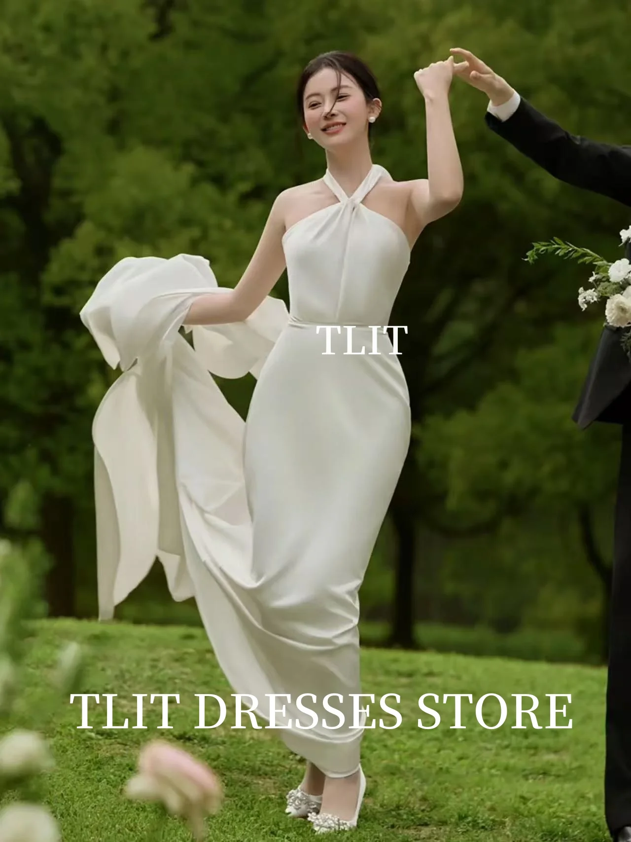 TLIT Eenvoudige Witte Zijde Satijn Trouwjurken Halter Bruidsjurken Korea Trouwjurken Foto's Schieten Aangepaste ienia Ohio Ohio