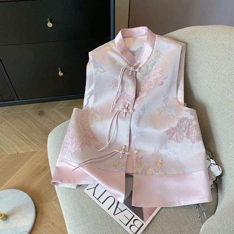 Pink New Chinese Style Embroidery Tassel Buckle Vest, Women\'s Spring High-end Temperament Tang Style Outerwear Vest