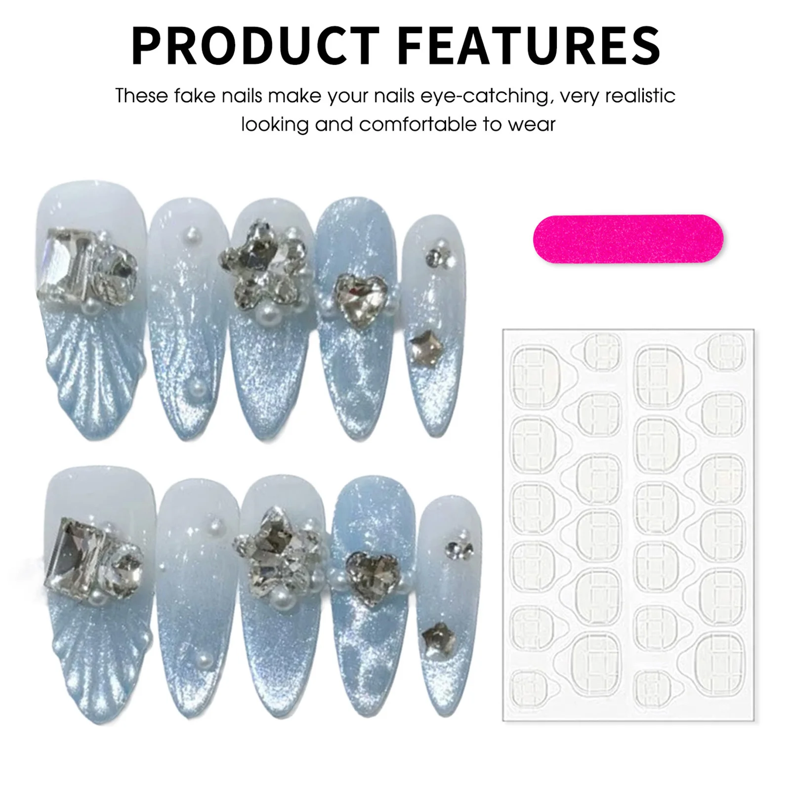 10pcs Summer Fresh Handmade Press On Nails Haze Blue Cat's Eye French Style False Nails 3D Fishtail Design Long Almond Fake Nail view 4