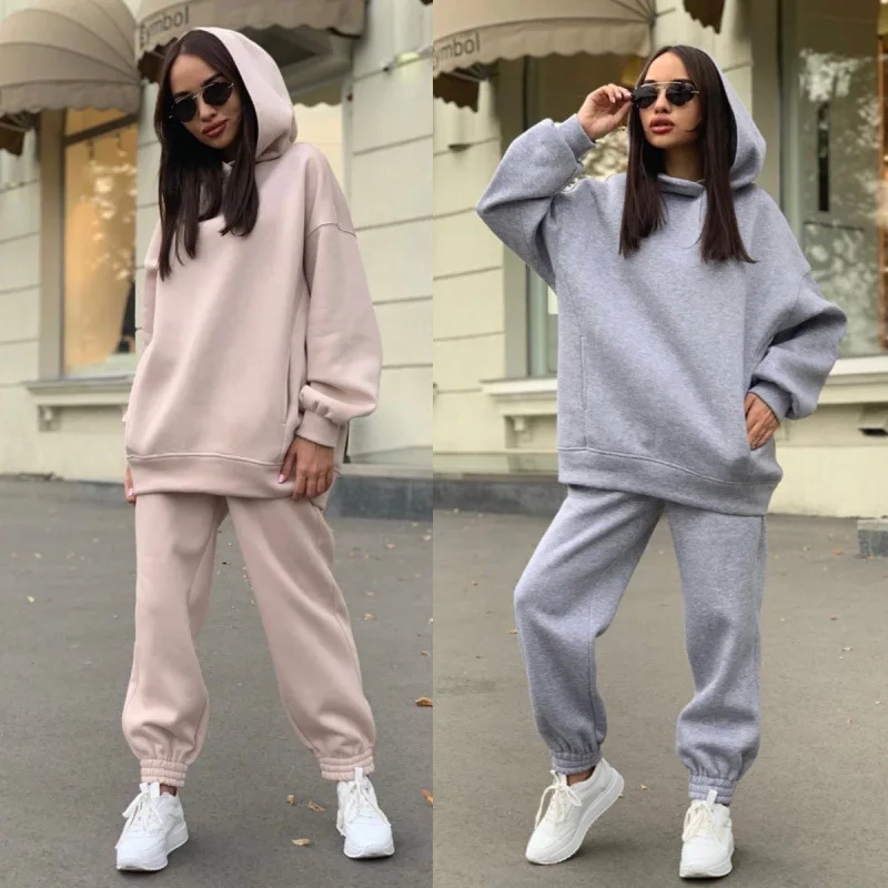 Faionable  Color Hoodie Sweatirt Casual Two-Piece Set Street Sle High Waist Dr Thi Long Sve for Autumn Winter