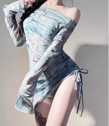 sexy Korean fashion blue grey bikini shorts sets three pieces with perspective off shoulder long sleeve mesh top smock swimsuit