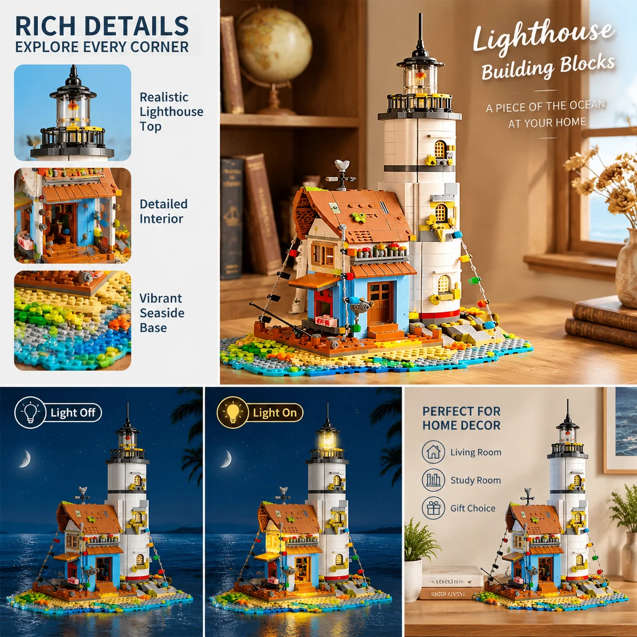 Lighthouse Pier Seaside Mini Building Block Fishing Village Cottage Desk Decor Adults DIY Assemble Model Festival Gifts