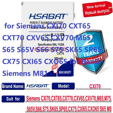 950mAh Battery for Siemens CXI70 CXT65 CXT70 CXV65 CXV70 M65 S65 S65V S66 S75 SK65 SP65 CX75 CXI65 CXO65 for BenQ-Siemens M81