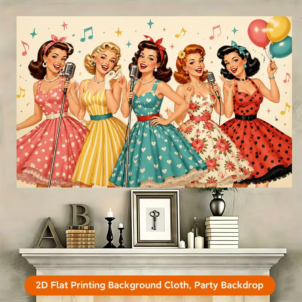 Retro 50s Pin Up Girls Singing Microphone Polka Dot Dress 2DFlat Tapestry Backdrop For Birthday Party Decor Vintage Wall Hanging