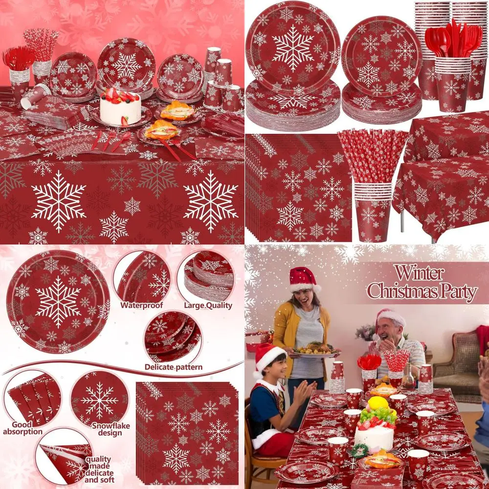 

Red White Silver Snowflake Party Supplies Set for 50, Plates Napkins Cups Cutlery for Winter Christmas Celebration
