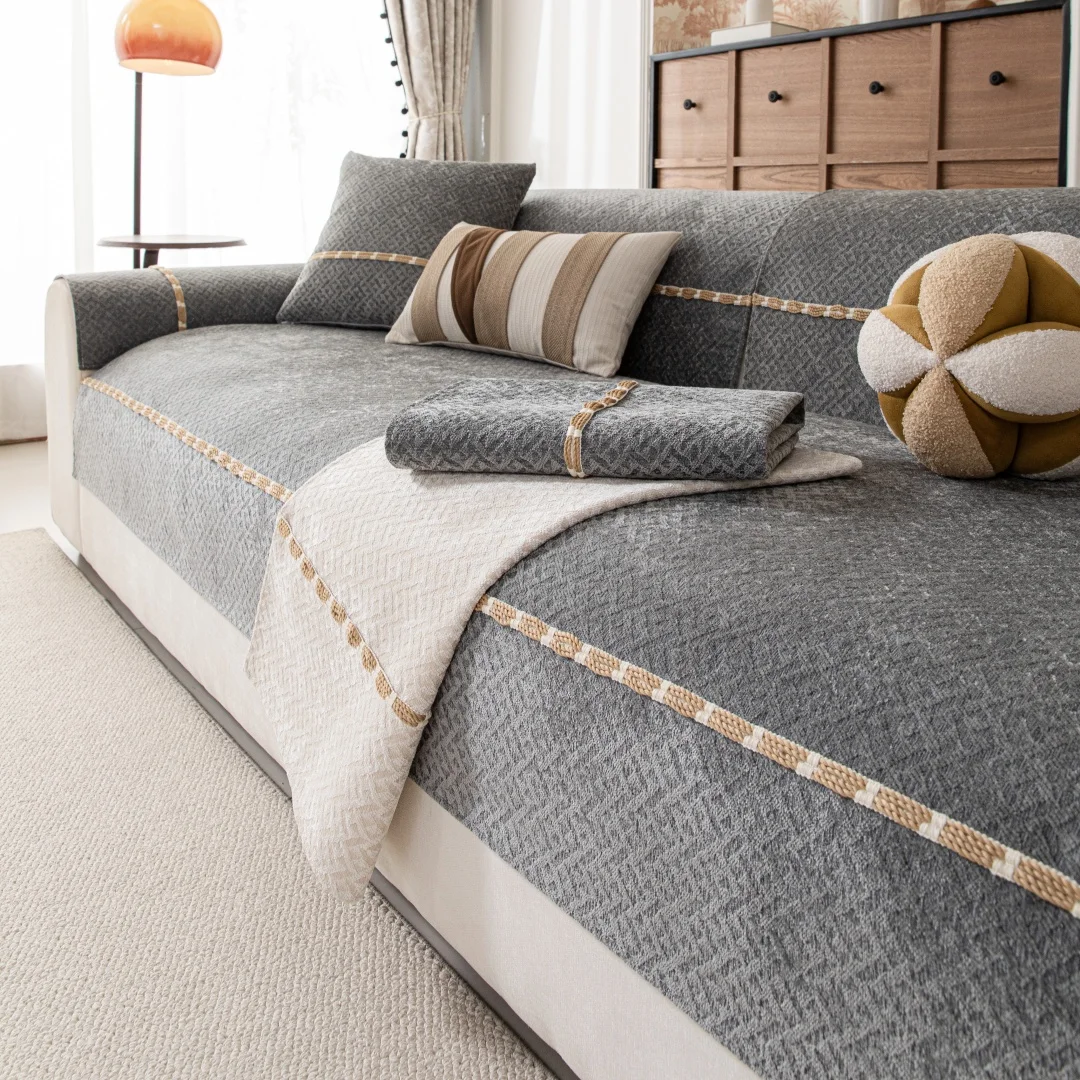 Textured Jacquard Chenille with Retro Weaving Tape Decored Sofa Cover, Anti-Slip All Seasons Living Room Couch Seat Pad, Towel