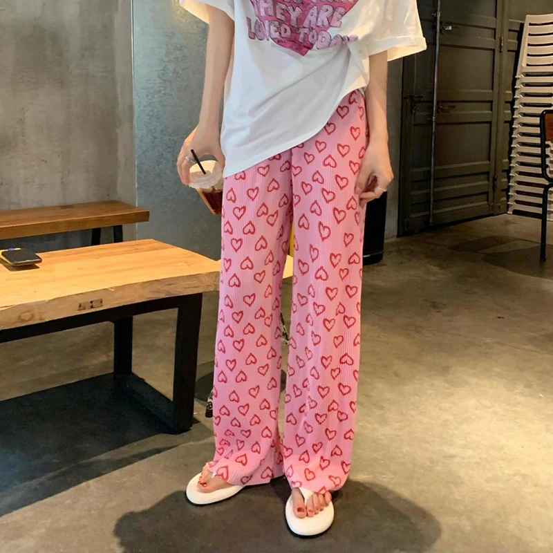 GIDYQ Pink Love Heart Wide Leg Pants Women High Waist Casual Folds Straight Leg Pants Fashion Loose  All Match Sweeping Pants