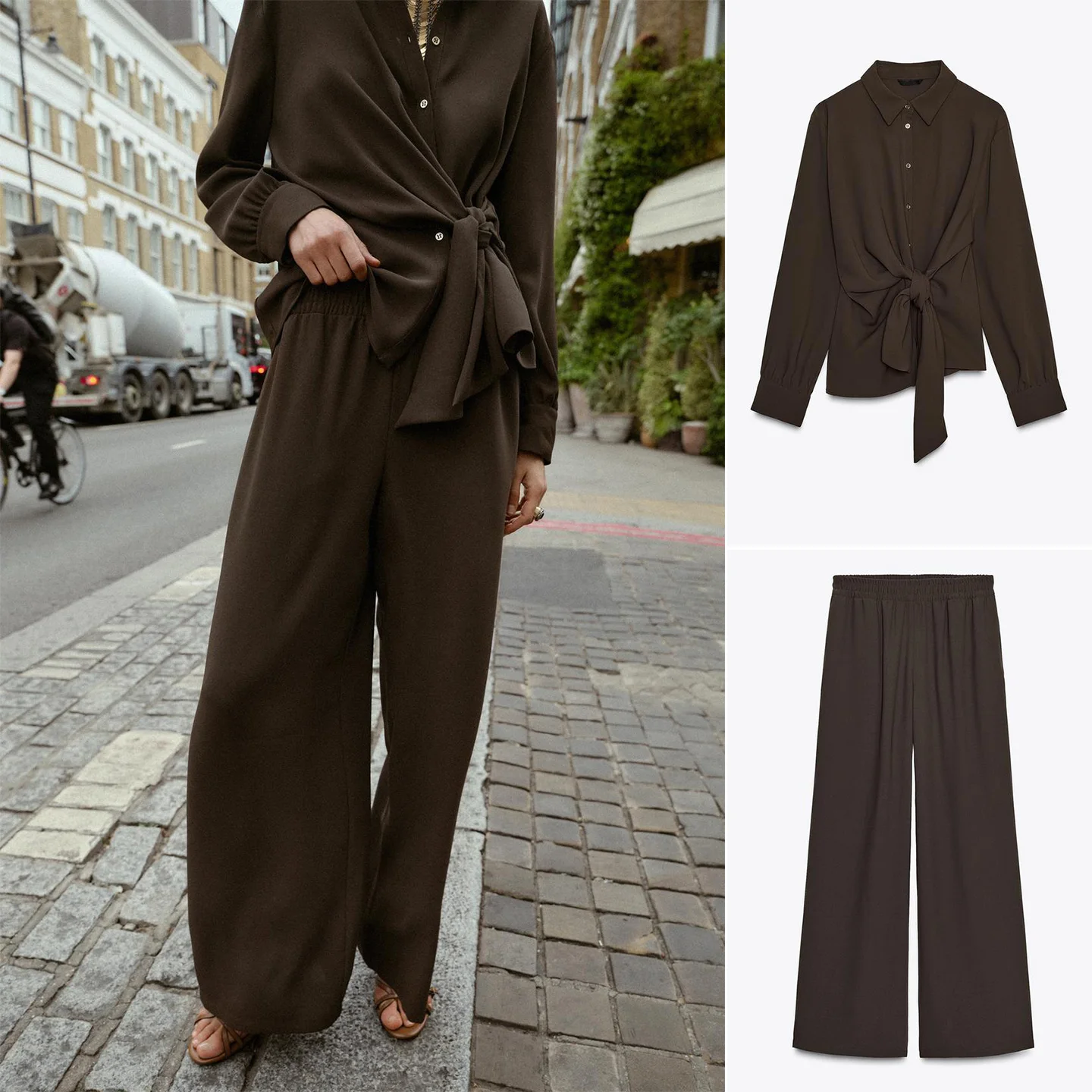 

High Waist Wide Leg Casual Long Pants irt with Bow Tie Decorative Pleated Long Sve Women's Faion Set Autumn Wear