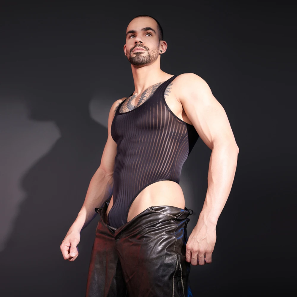 Sexy Men Stripe Tank Tops Stain Smooth Vest Bodysuit Sheer See Through Fashion Top Elastic Shirt Buckle Open Crotch Vest