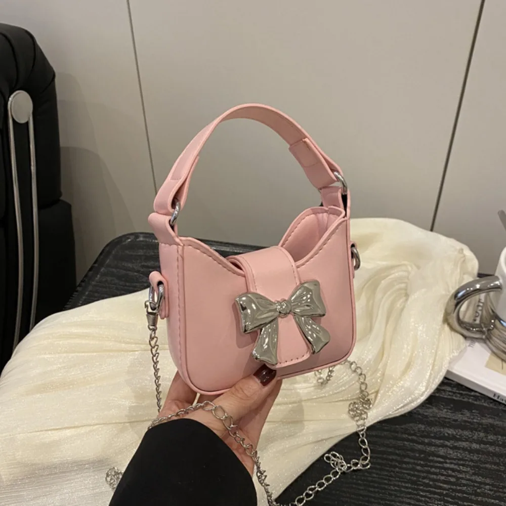 

Trendy Pu Leather Bow Buckle PU Bag Mini Handbag Silver Bucket Bag Korean Style Solid Color Women's Shoulder Bag Wallet