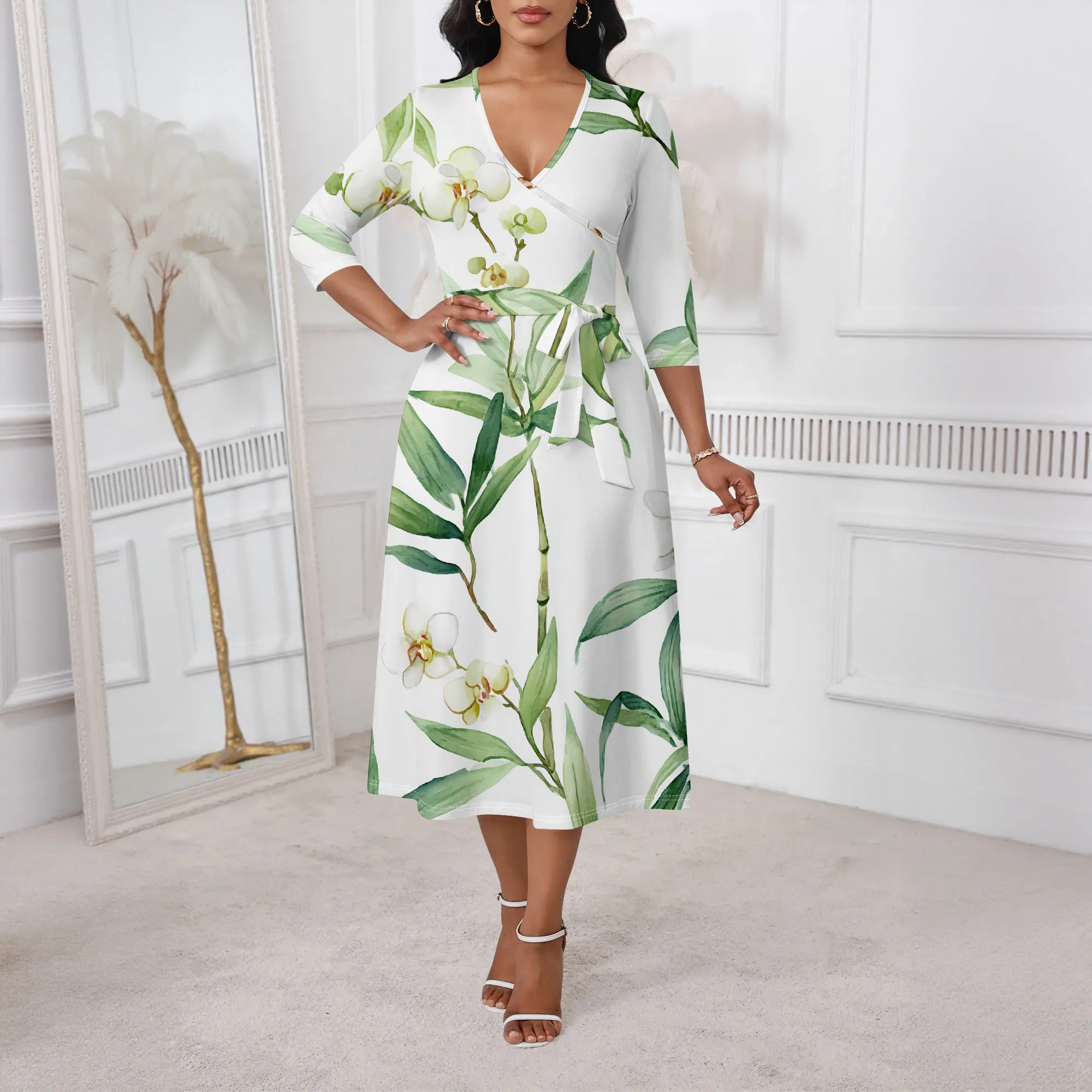 

Orchid & Bamboo Wrap Dress XS-3XL V-Neck Belted A-Line 3/4 Sleeve Style for Garden Party, Art Gallery or Mother's Day Look