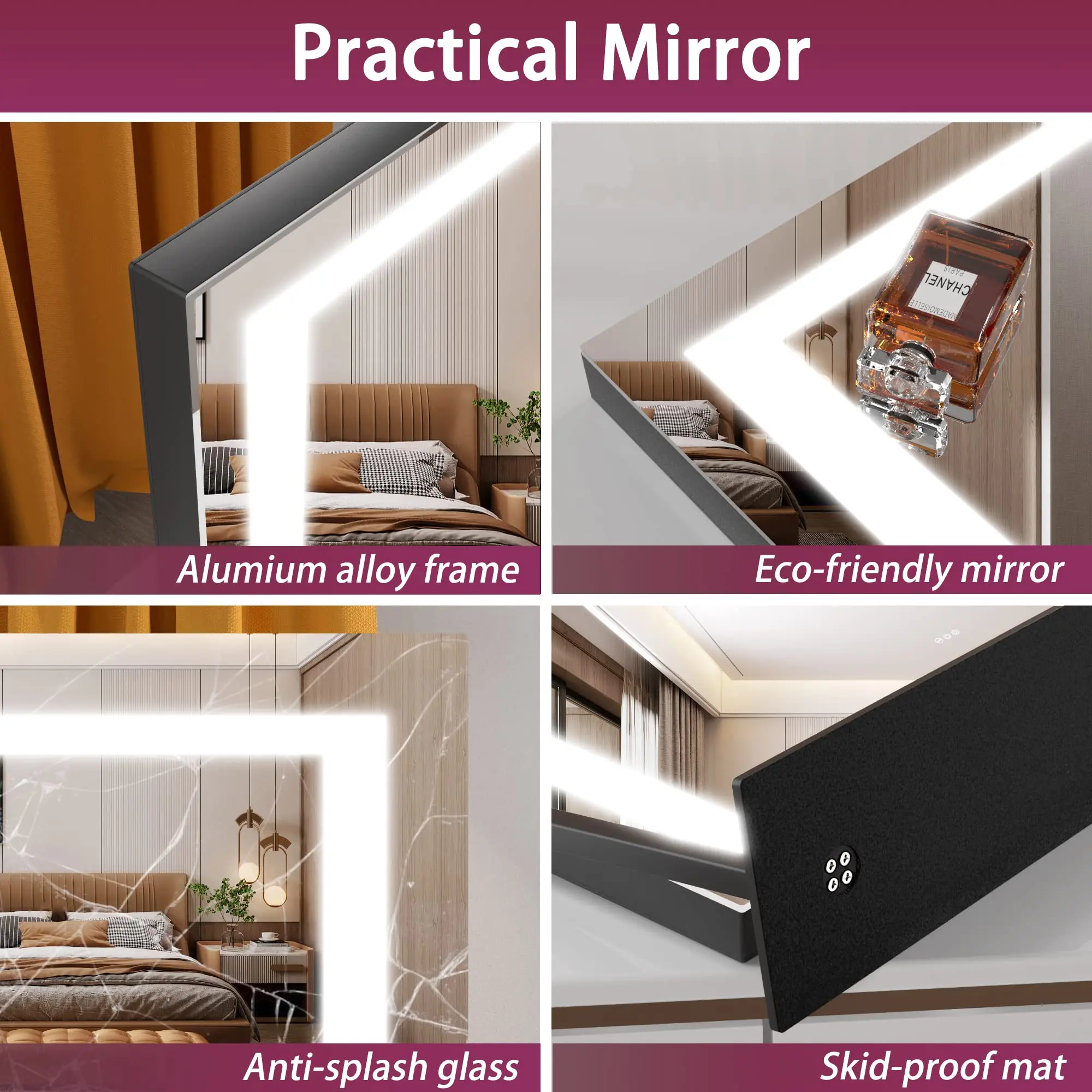 Hasipu Miroir de courtoisie LED 24,2 x 19,7 pouces avec grossissement 10X, port de chargement USB, Smart Touch 3 couleurs réglables, 360 °   Rotation