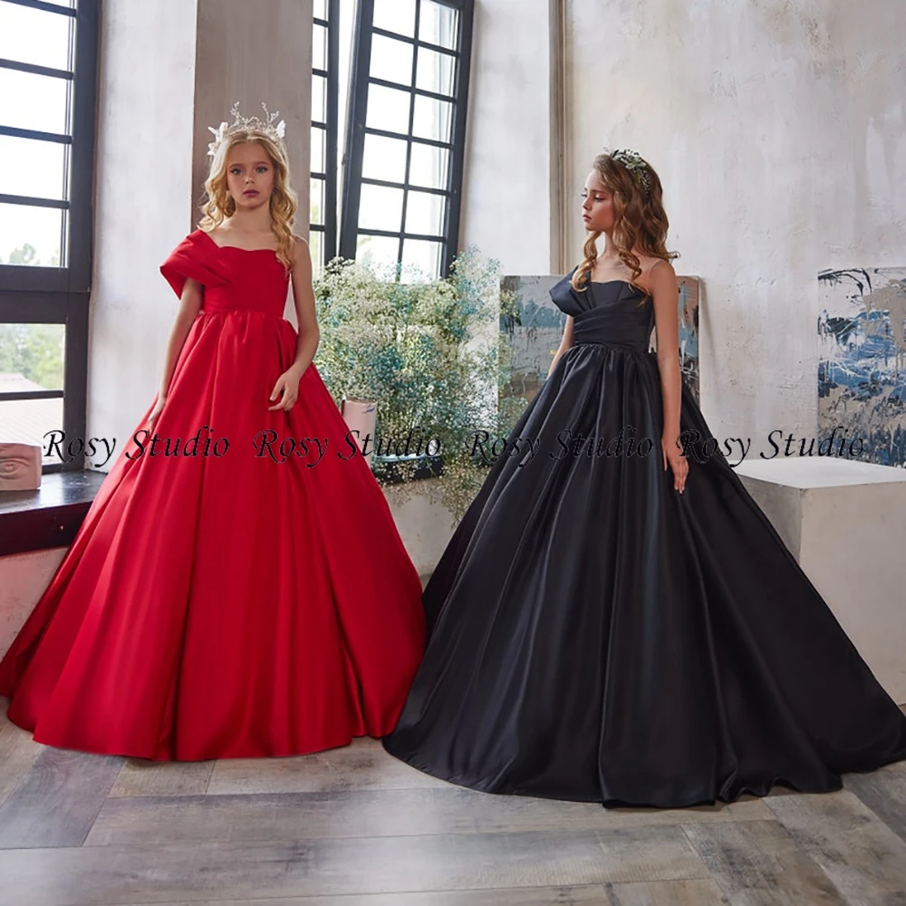 Elegant Sheer Neck Long Prom Dress for Girl Party Gown Black Holy Communion Dresses A-line Red Satin Kids Formal Wear