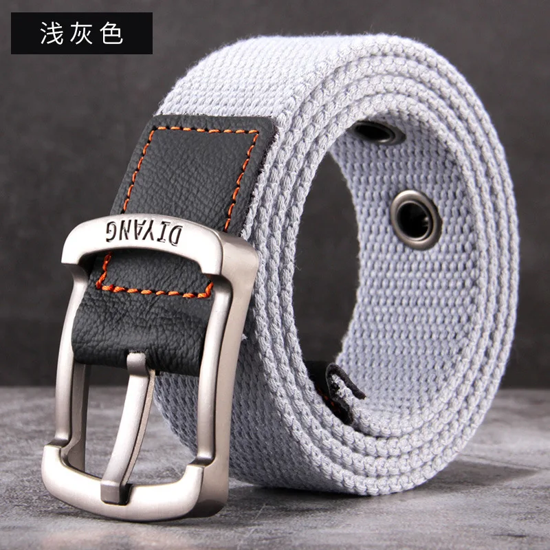 Vintage Matte Metal Pin Buckle Canvas Belt Men Two Color Striped Webbing Full Surround Eyelet Cowhide Wrap Strap Short Trip