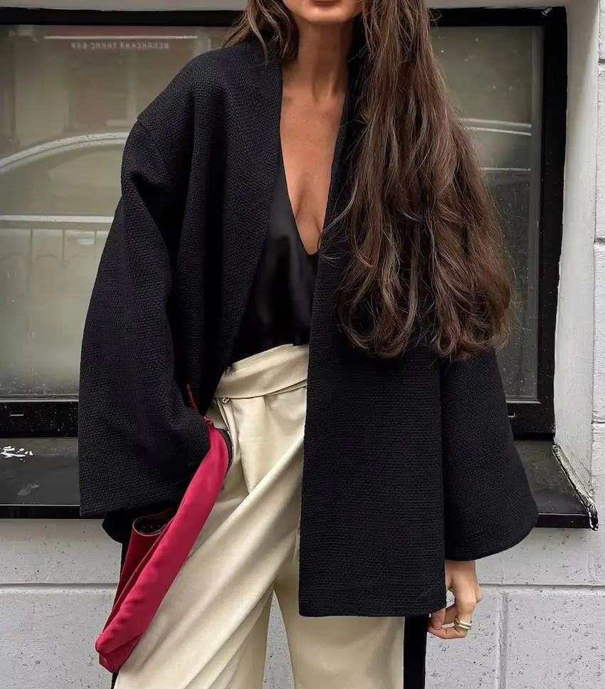

WXOY Women Loose Belted Cardigan Casual V Neck Long Sleeve Relaxed Fit Open Front Outerwear Kimono Style Jacket
