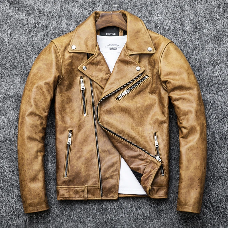 

Винтажная классическая мужская велосипедная кожаная куртка первого слоя из воловьей кожи, облегающая короткая сверхпрочная мотоциклетная куртка