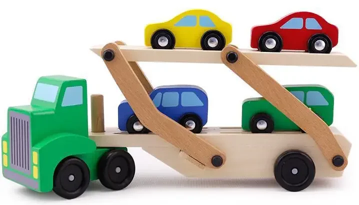 

[Funny] DIY Wooden Truck Toy Double deck trailer car model Kids Early Educational Diecasts Toys Colorful Vehicle Blocks Set gift