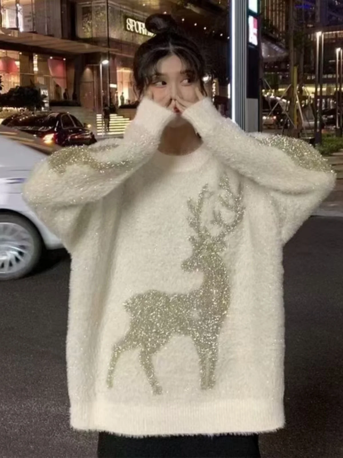 

Thiened Red Cisas Deer New Year Loose Sweater Women's Overcoat Ne Warmth Autumn Winter Lazy Sle Long Sve Crew Ne