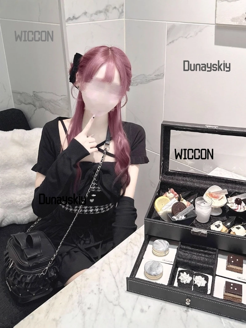 Japanese Honey Jirai Kei Mew Y2k Pink Black Gray Cross Tied Bow Top Short Skirt Kawaii Daily Party Borthday Gifts Carnival Cos view 5