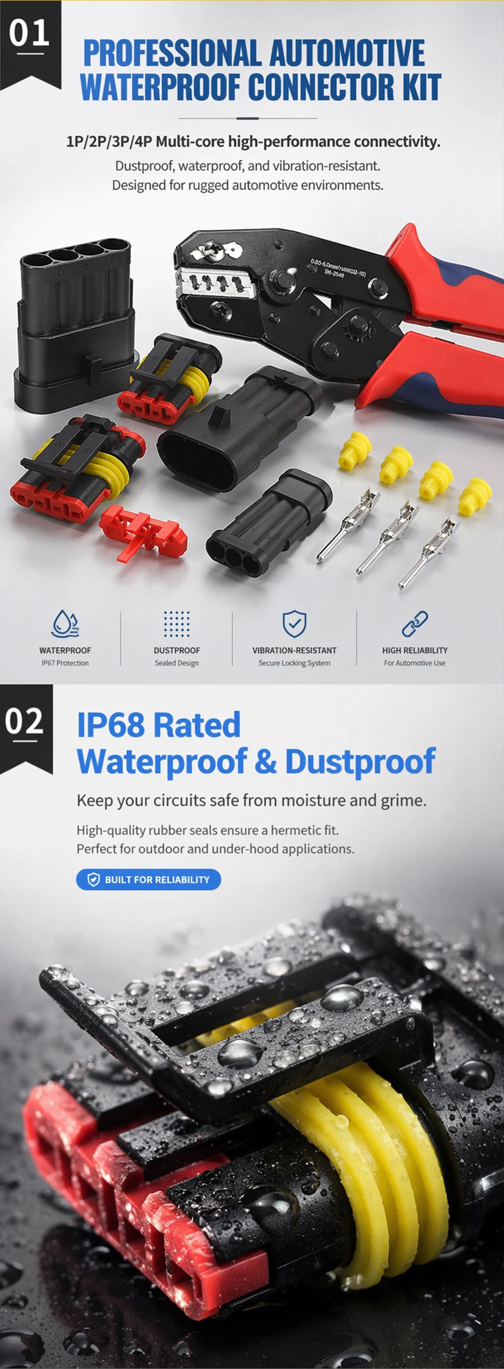 AMP Waterproof Auto Wire Connectors Kit 96/100/192/300/254/622PCS Box 1-6 Pin Male-Female Quick Plug Socket Vehicle Wiring Seal T&I Online Store