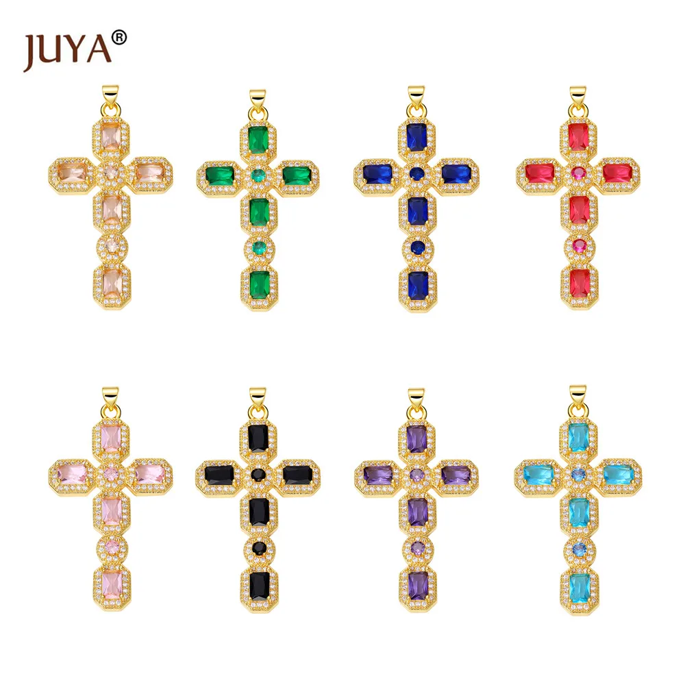 

New Luxury Colorful Zircon Cross Pendant Necklace Metallic Copper Charm Christian Jewelry Crafts DIY Jewelry Accessories 2022