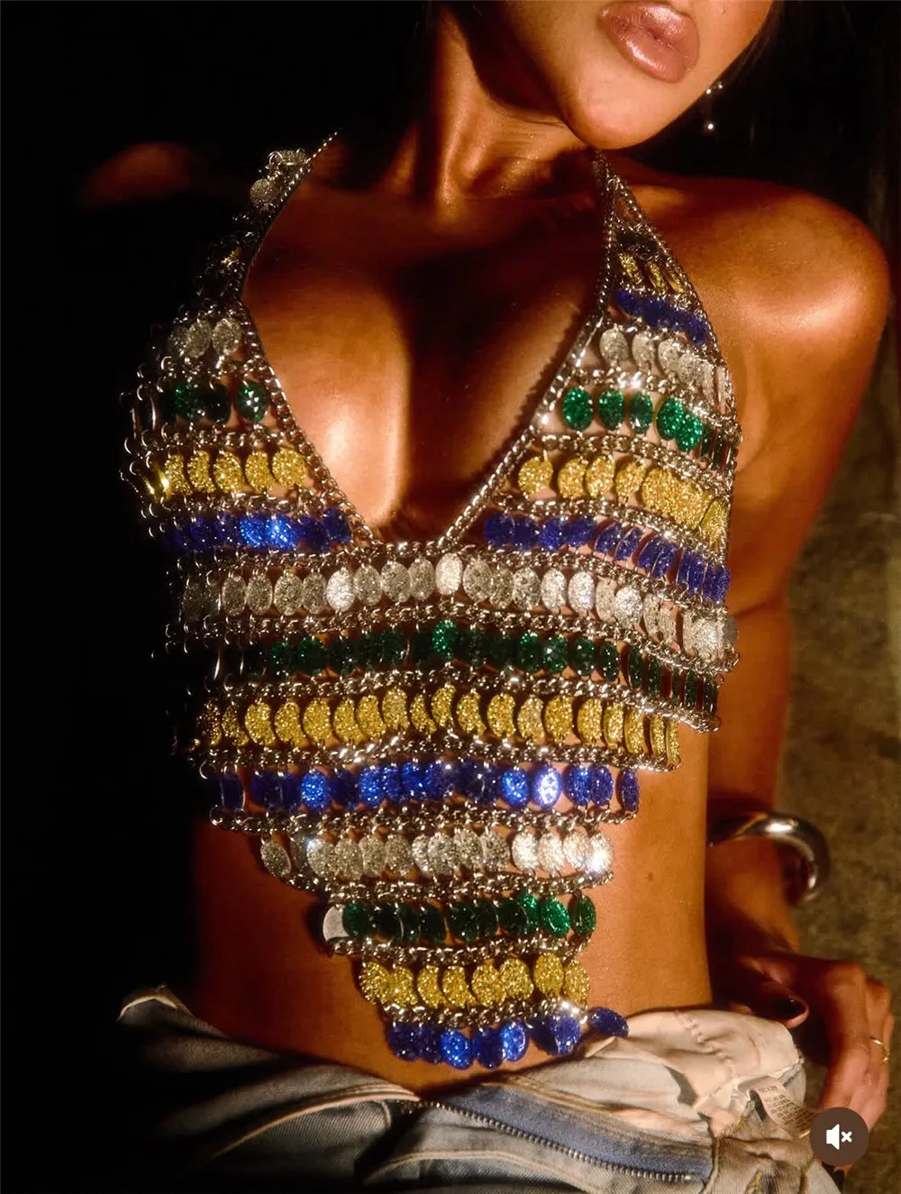 2026 Rave Outfit Multicolor Crystal Beaded Girl Crochet Sequin Top Deep V Neck Sparkle Rhinestone Festival Body Chain Halter Top