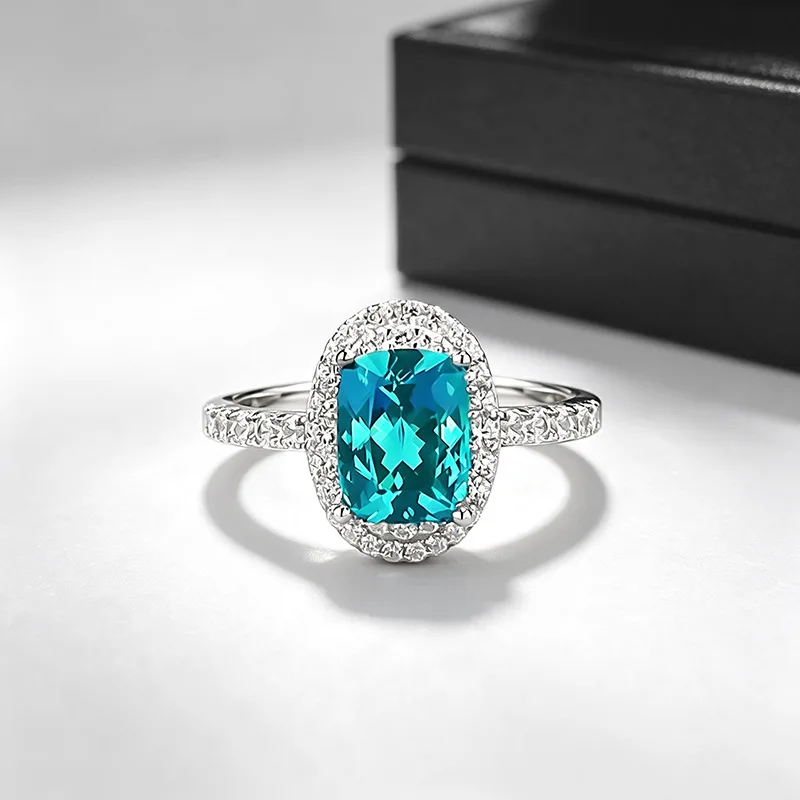 S925 Silver Ring 6*8mm Cushion‑Cut Teal Lab‑Created Gemstone Halo Ring Pave Side Band Elegant Fine Jewelry Women Engagement