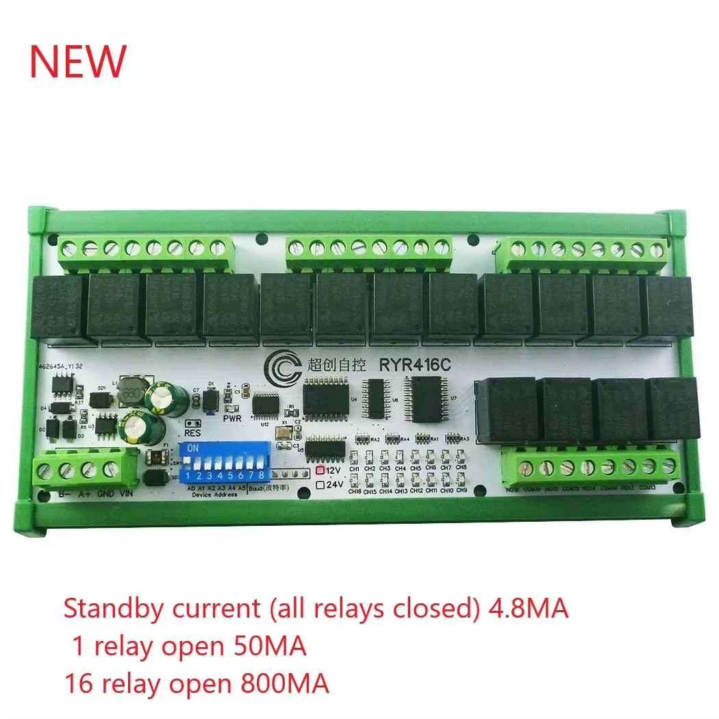 

16CH Relay Module RS485 Modbus RTU PLC DO Expansion Board 12/24VDC 7A 120VAC with Delay/Interlock for Home Automation Industrial