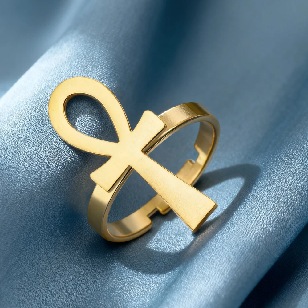 Dawapara Ankh Cross Rings Adjustable Open Ring Men Women Good Luck Amulet Stainless Steel Ancient Egyptian Jewelry