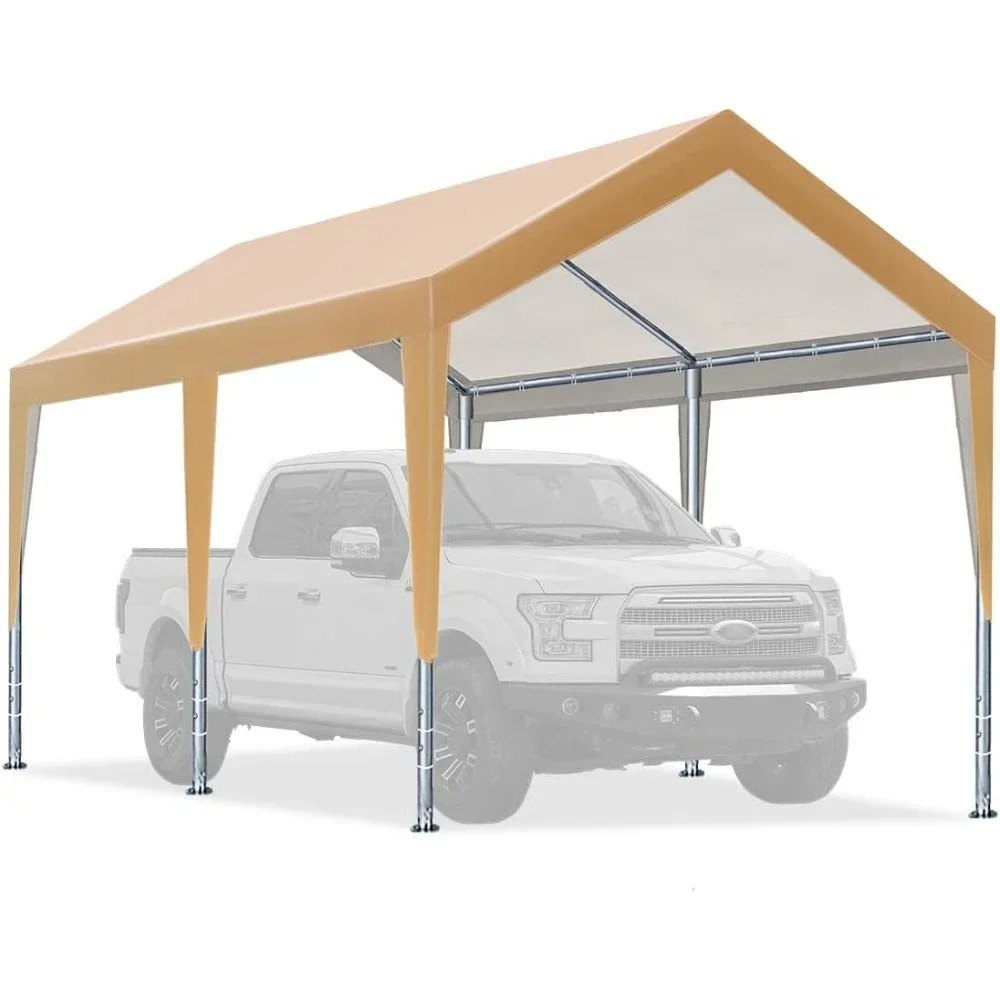 10x20 ft Steel Carport with Adjustable Height from 9.5 to 11 ft, Heavy Duty Car Canopy Garage Tent Boat Shelter Portable, Beige