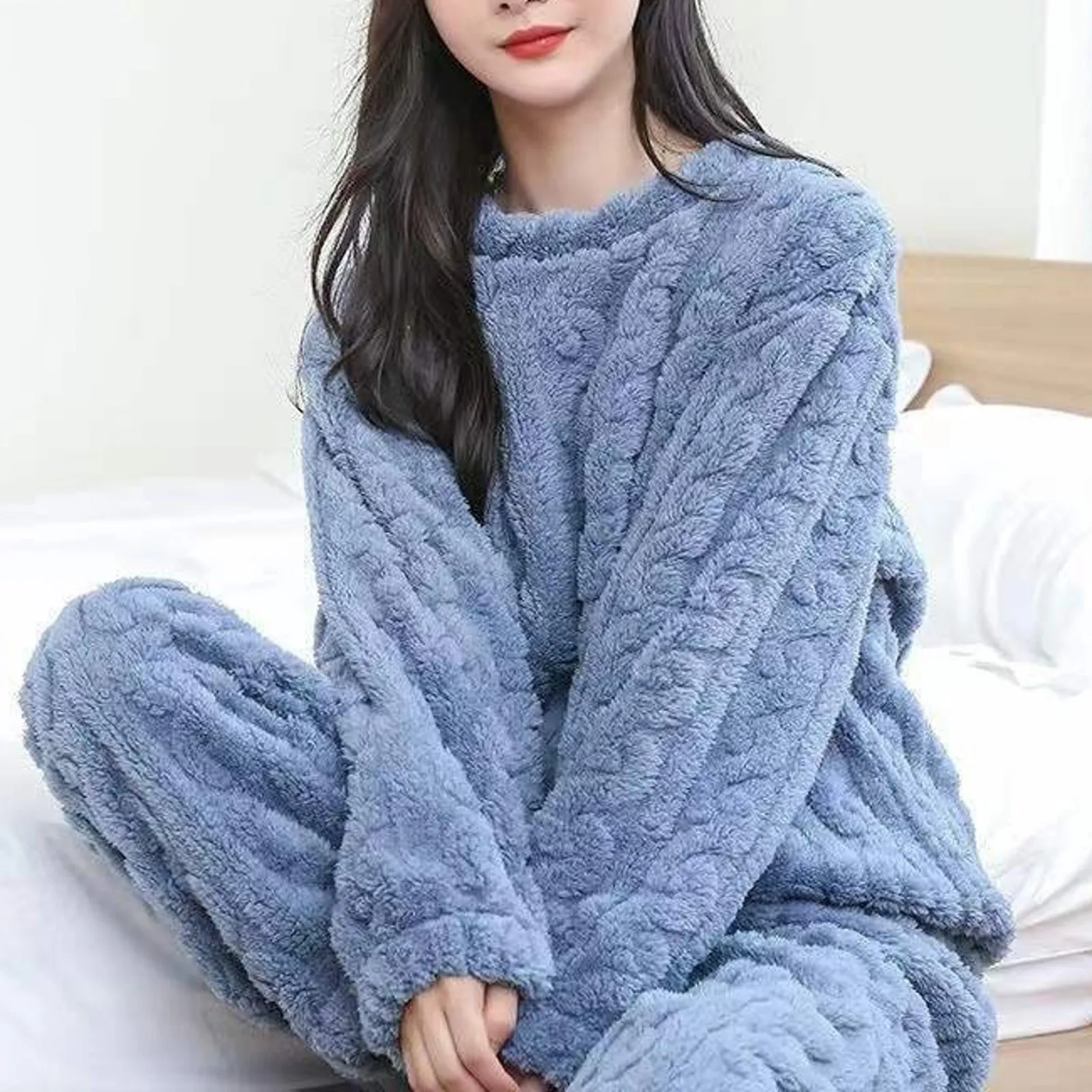 Jacquard Soft Flannel Pajama Sets Warm Cozy Coral Fleece Winter Warm Sleepwear 2 Piece Set Loungewear Sweatshirts+Long Pants Set