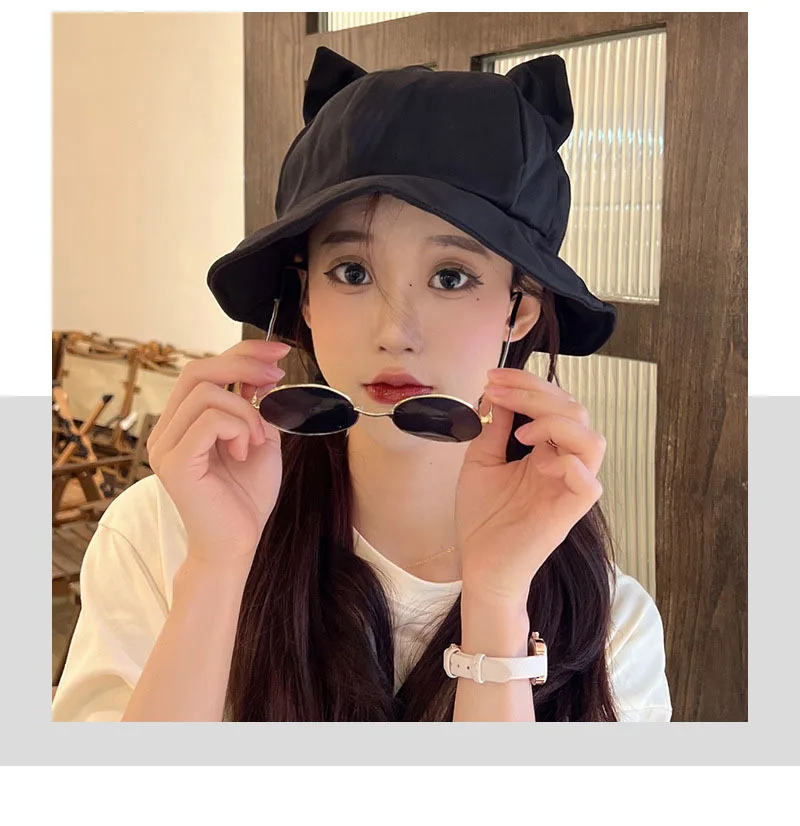 2024 Cute Cat Ear Bucket Hats Cartoon Sweet Solid Color Cotton UV Protection Beach Hat Fisherman Hat Sun Cap Kids Outdoor Travel