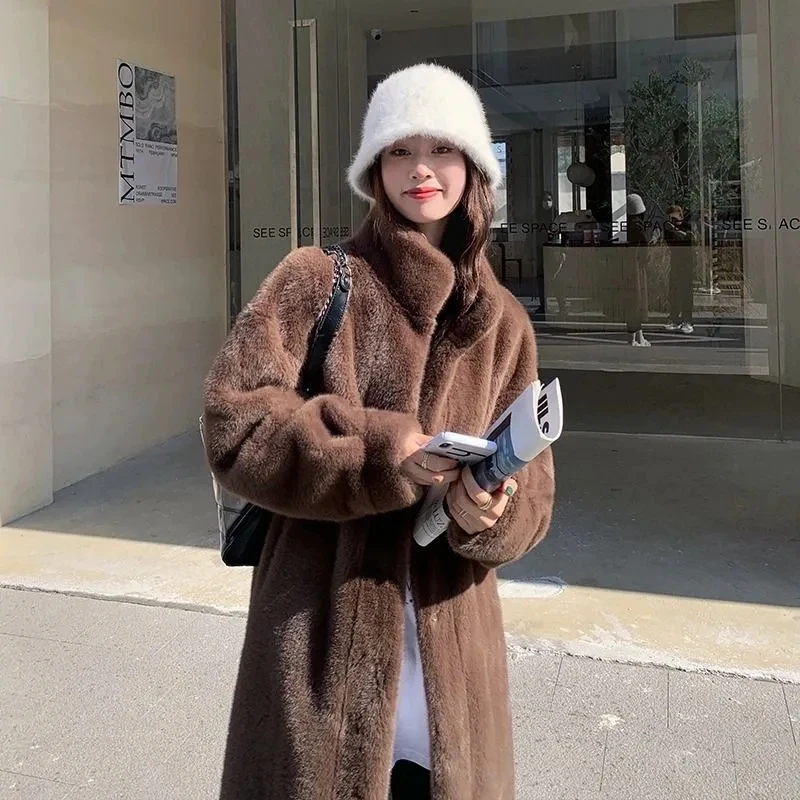 

New Imitation Mink Velvet Women Fur Coats Autumn Thick Warm Stand Collar Long Jackets Loose Solid Female Outwear Commuting Trend