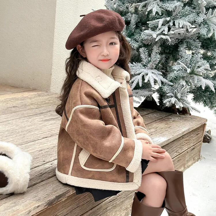 Girls Fashion Coat 2024 Christmas New Year Girl Coat Deerskin Fluff Inside Warm Thick Coat Winter New Style Korean Simple Style