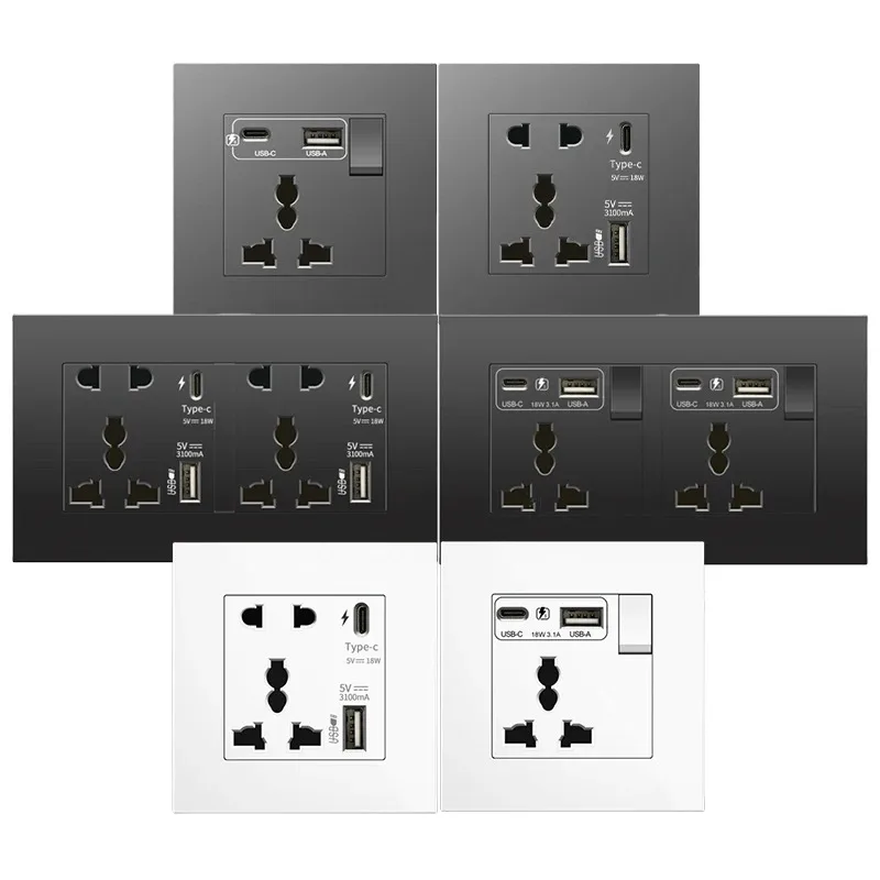 18W Type-C Wall Socket, 5pin 3A Smart Fast Charging Interface, Universal Dual Socket, Switch Control USB Interface Power Socket
