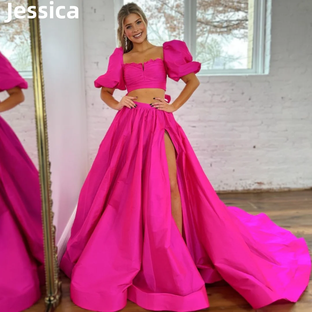 

Jessica Hot Pink Prom Dresses Puff Sleeve Two Piece Princess Set Evening Dresses Formal Occasions Wedding Party Dresses 2024