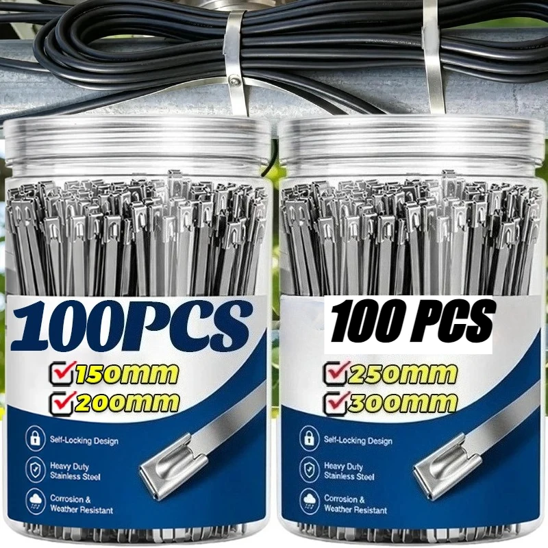 100PCS， Thickened 304 stainless steel self-locking fixed zip tie, exhaust pipe wrapped fixed accessory multi-purpose zip tie