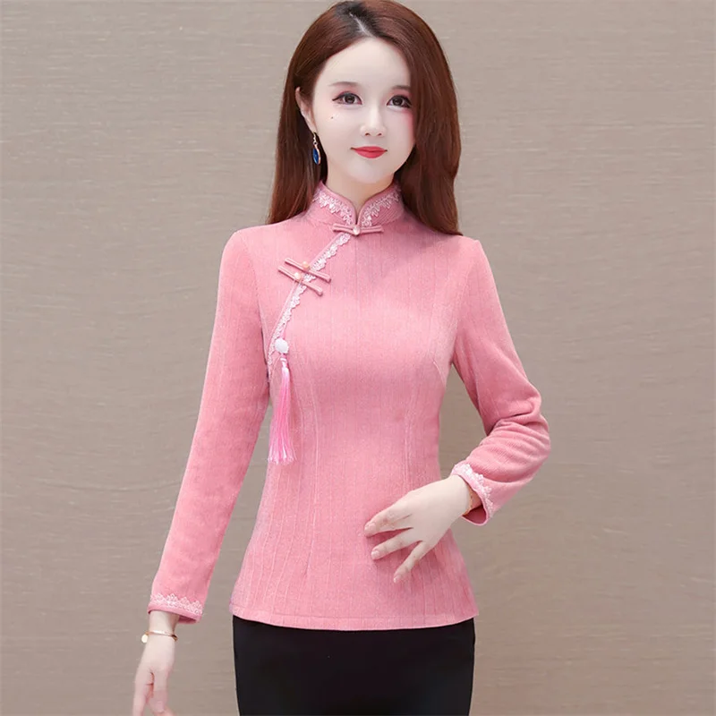 Spring Autumn Chinoiserie Shirt 2024 New Coil Buckle Stand-Up Collar Women's Clothes solid colour fashion Pullover Blouse Female