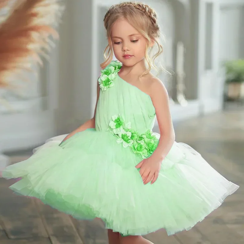 Custom Pink Tulle Puffy With 3D Flowers Single Shoulder For Wedding Birthday Party Banquet Princess Gowns Flower Girl Dresses