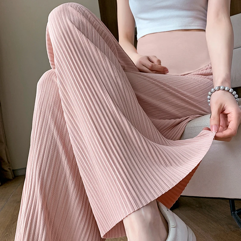 Wide Leg Loose Straight Pleated Pants for Maternity Summer Cool Breathable Belly Trousers for Pregnant Women Youth Pregnancy