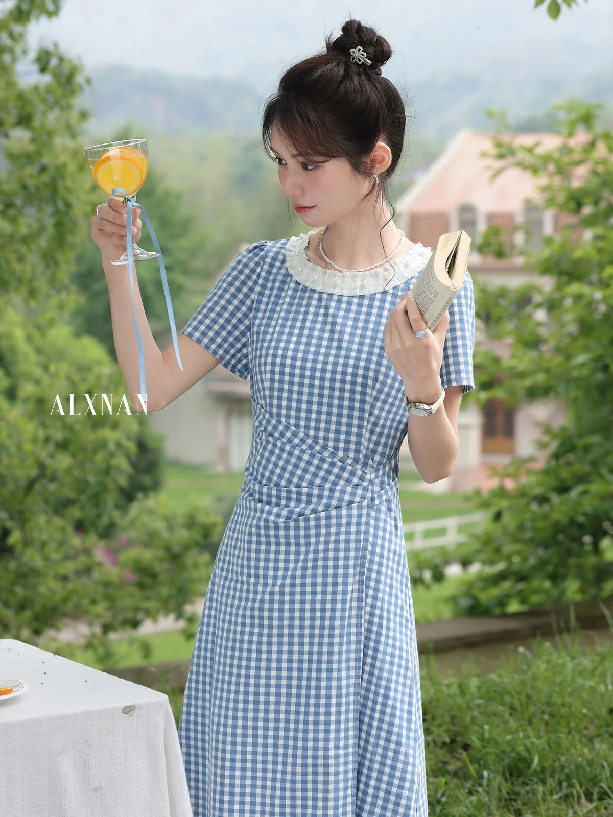 Été bleu Plaid rond Ne femmes Dr aped taille conception sel lait id jupe trapèze ort Sve longue Dr fermeture éclair Clo...