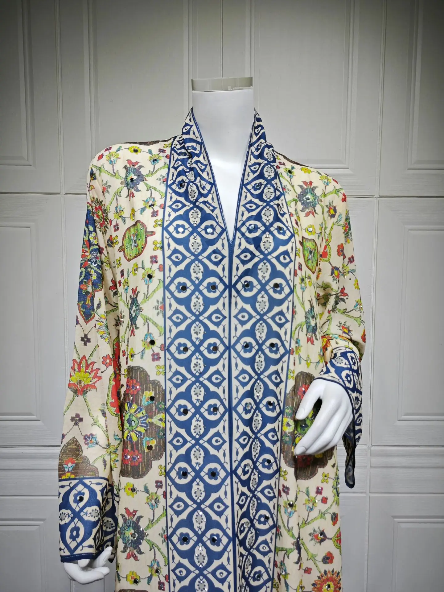 

2025 Ид Рамадан, мусульманское женское шифоновое платье Абая с принтом, арабский кафтан, длинный халат, элегантная праздничная одежда, исламская мода